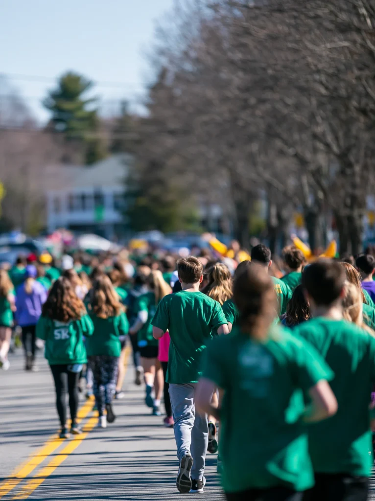 Runners and families in green shirts walking a North Smithfield road