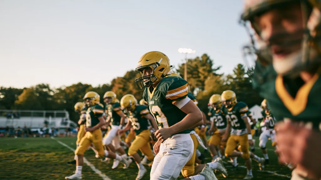 Northmen football players running onto the field before a game