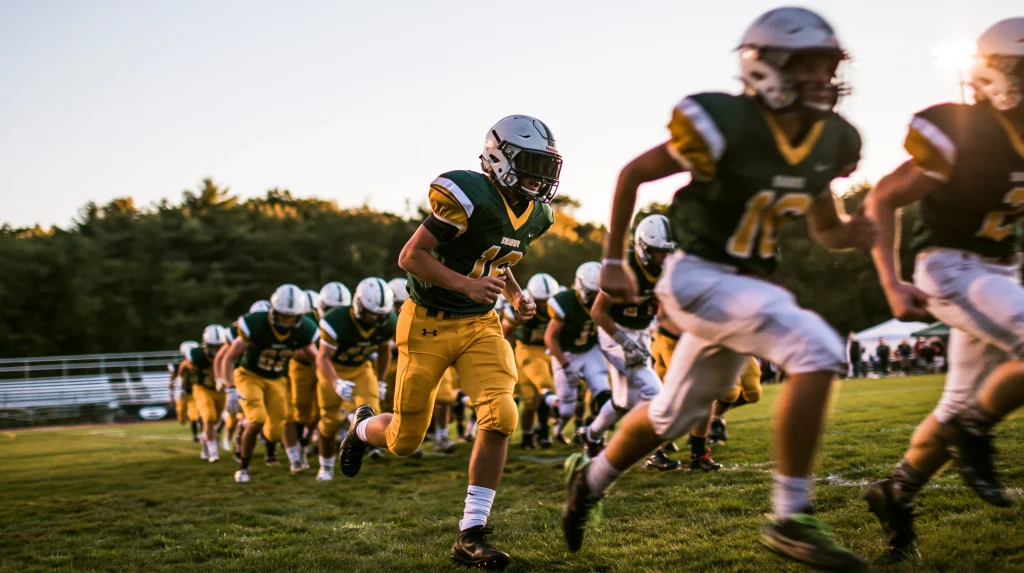Northmen football team taking the field at dusk