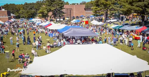 Aerial view of the Great Pumpkin Festival vendor tents and crowds
