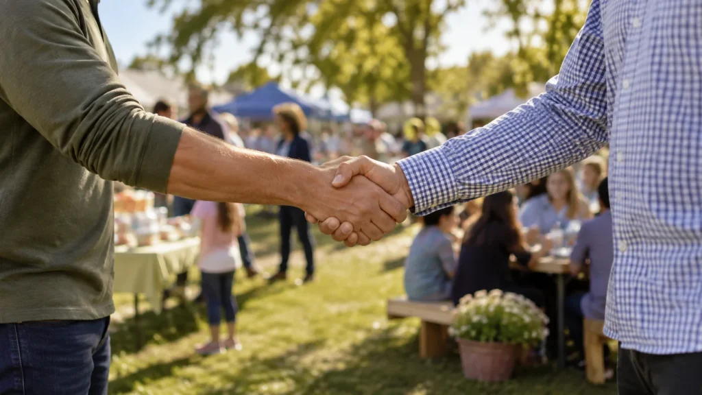 Two people shaking hands at a Northmen Athletic Club community event
